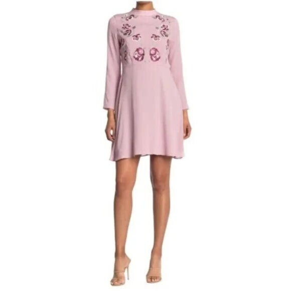 Nanette Lepore Dresses & Skirts - Nanette Lepore Demure Pink Mini Dress Womens Size 14 Embroidered Crepe Mock Neck